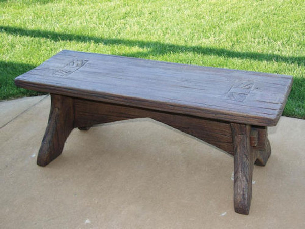 Rustic Bench One Piece Cast Stone Wood Graining Lodge Cabin Sculptural